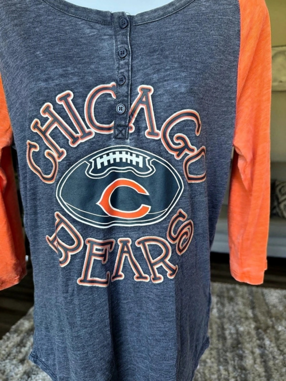 NFL Chicago Bears Youth Large Gray Orange Long Sleeve Henley Shirt L 11/13